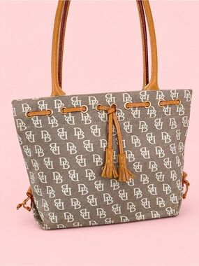 Dooney & Bourke Taupe Logo Canvas Tote with Tan Trim Y2K